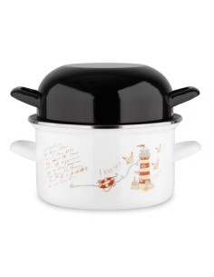 Marmites à moules BLANCHES décor "Phare" couvercles NOIR...