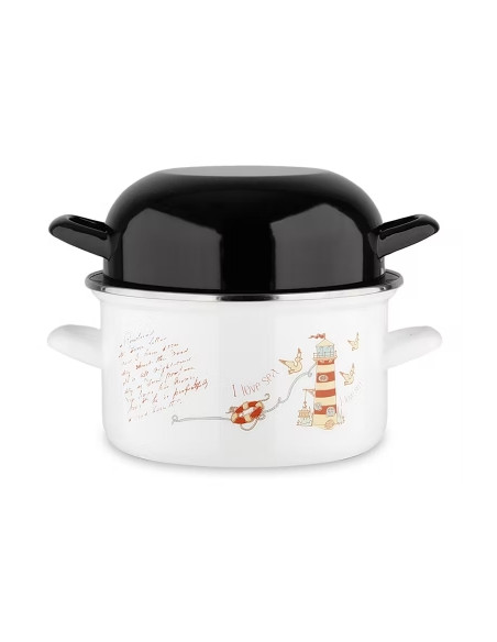 Marmites à moules BLANCHES décor "Phare" couvercles NOIR - Diam 20 cm - Colis 6