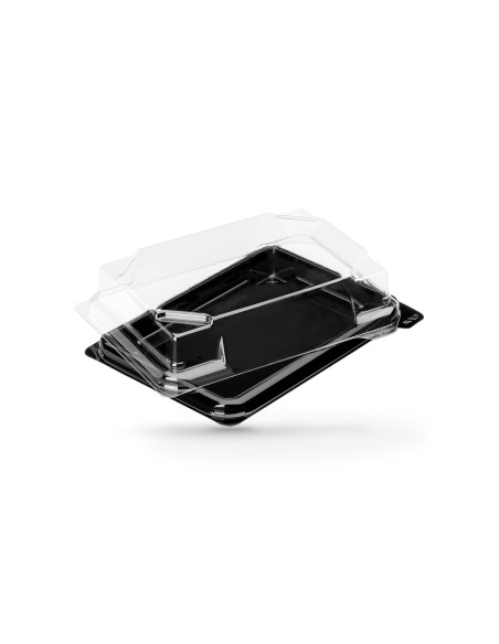 BOITE SUSHIS 13.6X10.2X2.7 CM FOND NOIR AVEC COUVERCLE TRANSPARENT APET (50 U)
