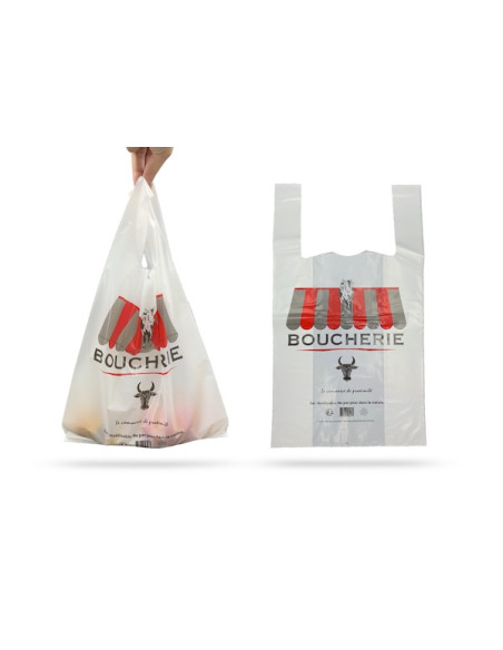 SAC REUTILISABLE A BRETELLES BLANC BOUCHERIE 27+7+7X48 CM 50µ (500 U)