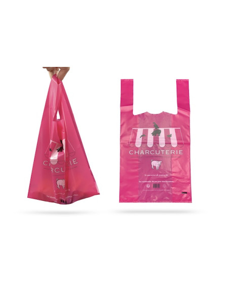 SAC REUTILISABLE A BRETELLES ROSE CHARCUTERIE 27+7+7X48 CM 50µ (500 U)
