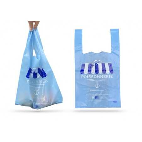 Sac bretelles réutilisable bleu impression "Poissonnerie" 27+7+7x48cm - colis de 500 - 50 microns